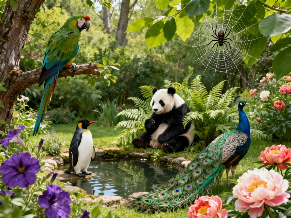 Zwierzęta i rośliny, wśród nich papuga, pingwin, panda, paproć i piwonia