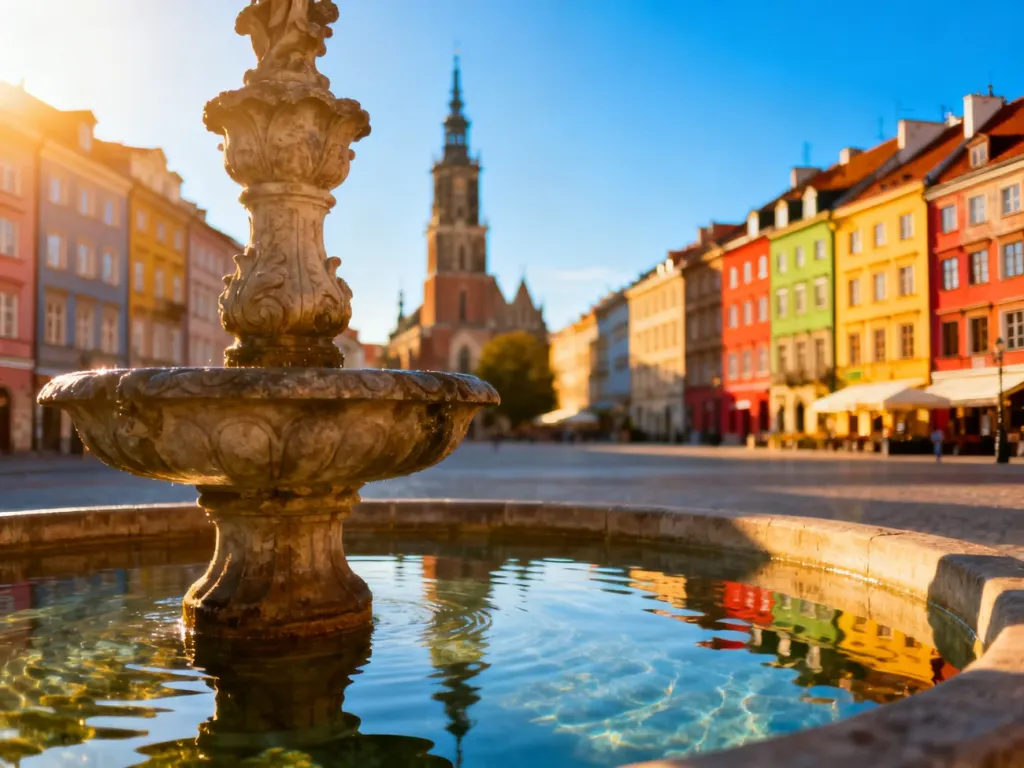 Malowniczy rynek w polskim mieście z kolorowymi kamienicami, ozdobną fontanną i wieżą gotyckiej katedry w tle.