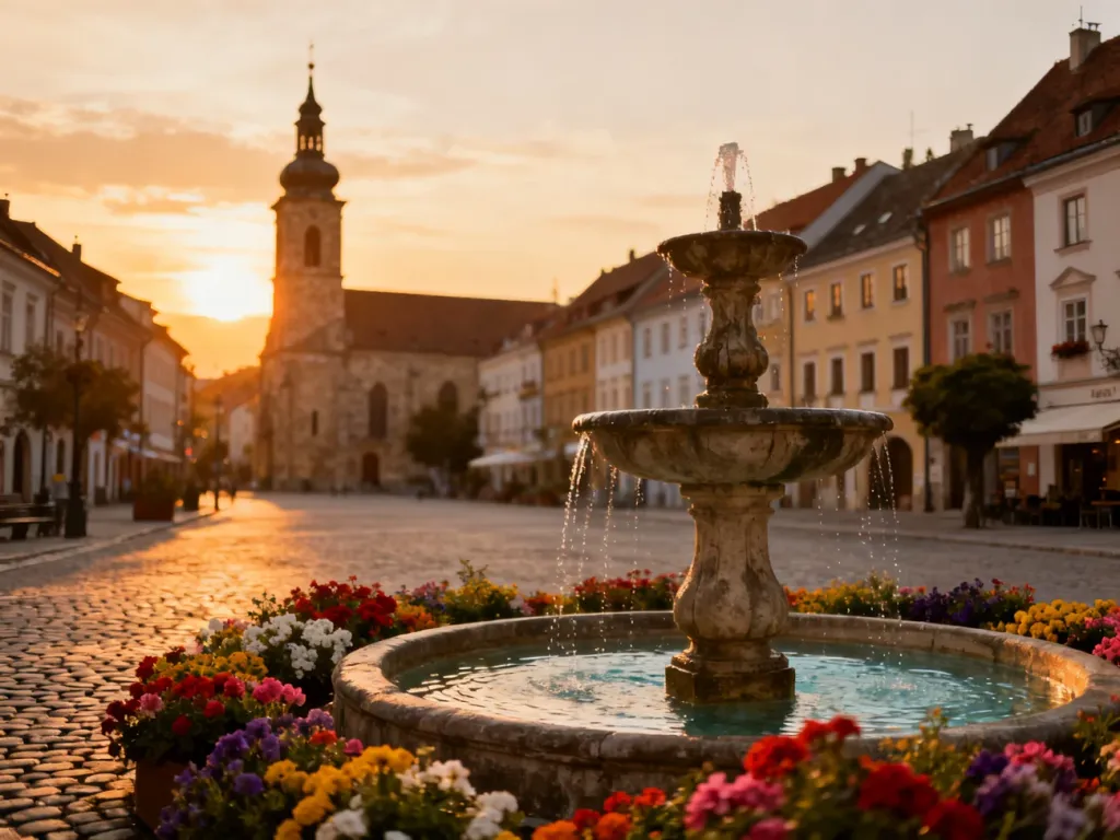 Malowniczy rynek europejskiego miasta z zabytkowymi kamienicami, fontanną i wieżą kościoła w świetle zachodzącego słońca.