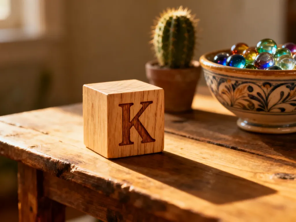 Drewniany klock z wygrawerowaną literą „K” na rustykalnym stole w otoczeniu kaktusa i szklanych kulek.