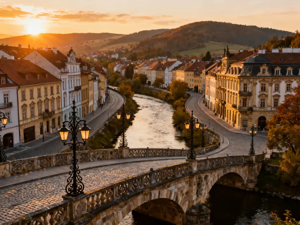 Malownicza panorama europejskiego miasta w dolinie z zabytkowym mostem i rzeką w świetle zachodzącego słońca.