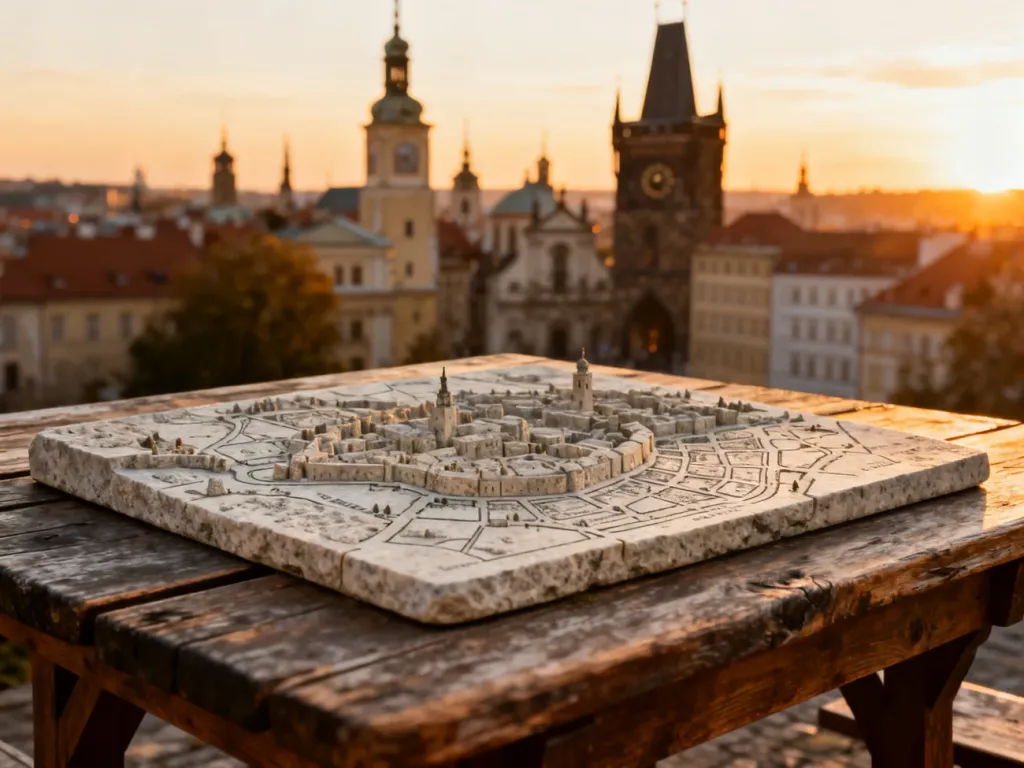 Panoramiczny widok na historyczne europejskie miasto o zachodzie słońca ze starą mapą na drewnianym stole.