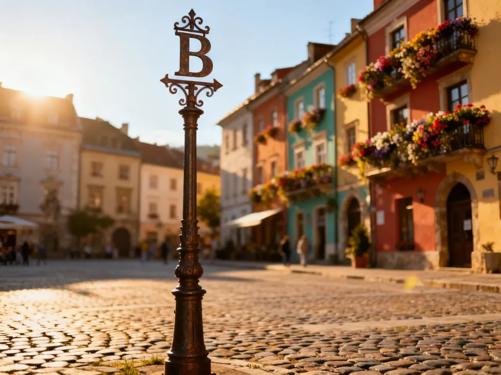 Malowniczy rynek europejskiego miasta z zabytkową architekturą i ozdobnym drogowskazem z literą „B” na pierwszym planie.