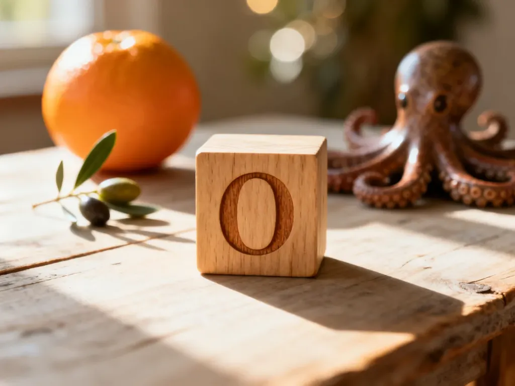 Drewniany klock z literą „O” na tle pomarańczy, oliwki i figurki ośmiornicy. Ilustracja przedmiotów na literę O.