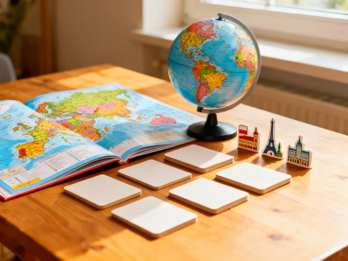 Atlas i akcesoria do gry geograficznej przedstawiające miasta na literę E
