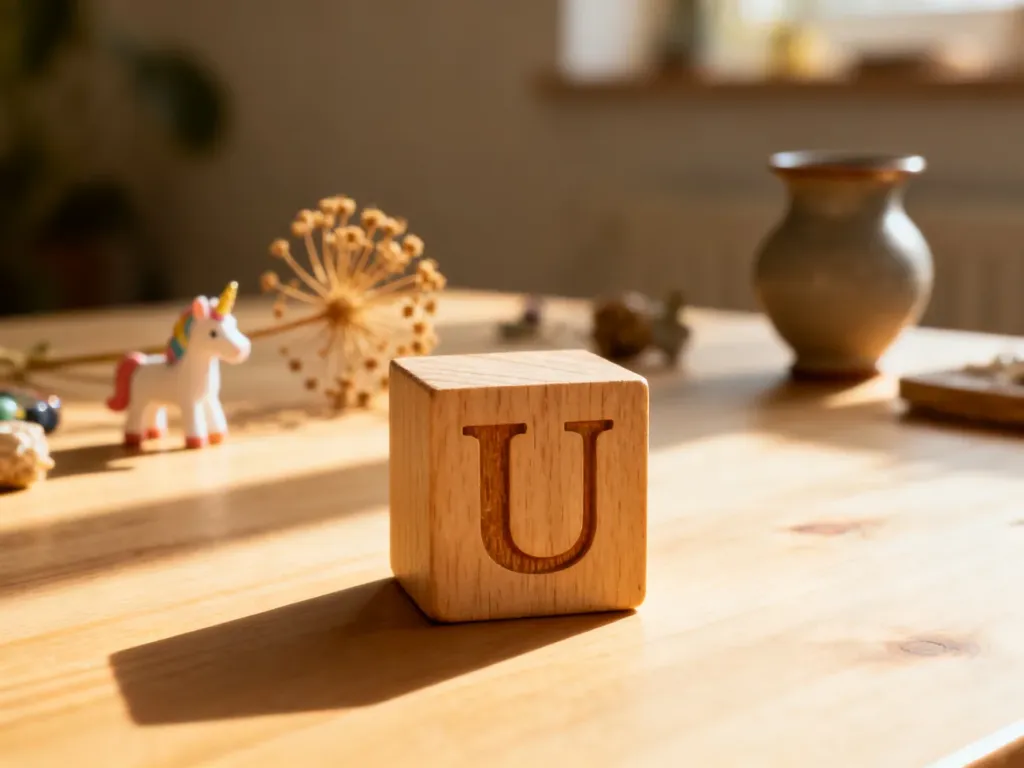 Drewniany klocek z literą „U” na jasnym stole, otoczony przedmiotami zaczynającymi się na tę literę.