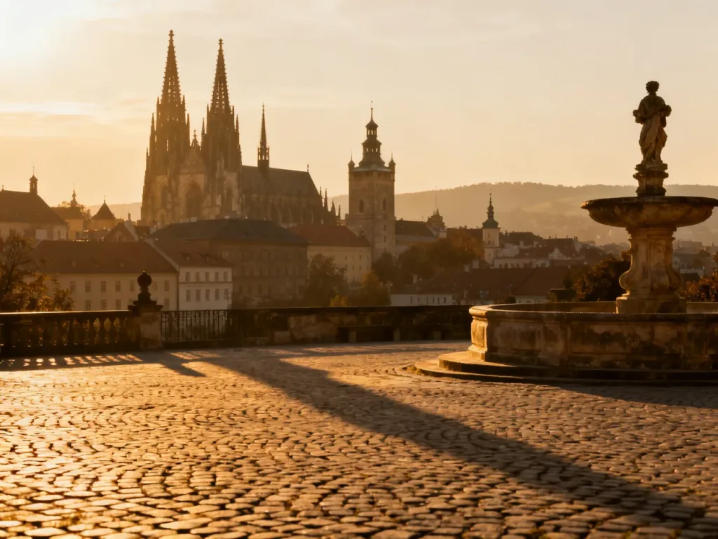 Panoramiczny widok na zabytkowe europejskie miasto z gotycką katedrą i brukowanym rynkiem w świetle zachodzącego słońca.