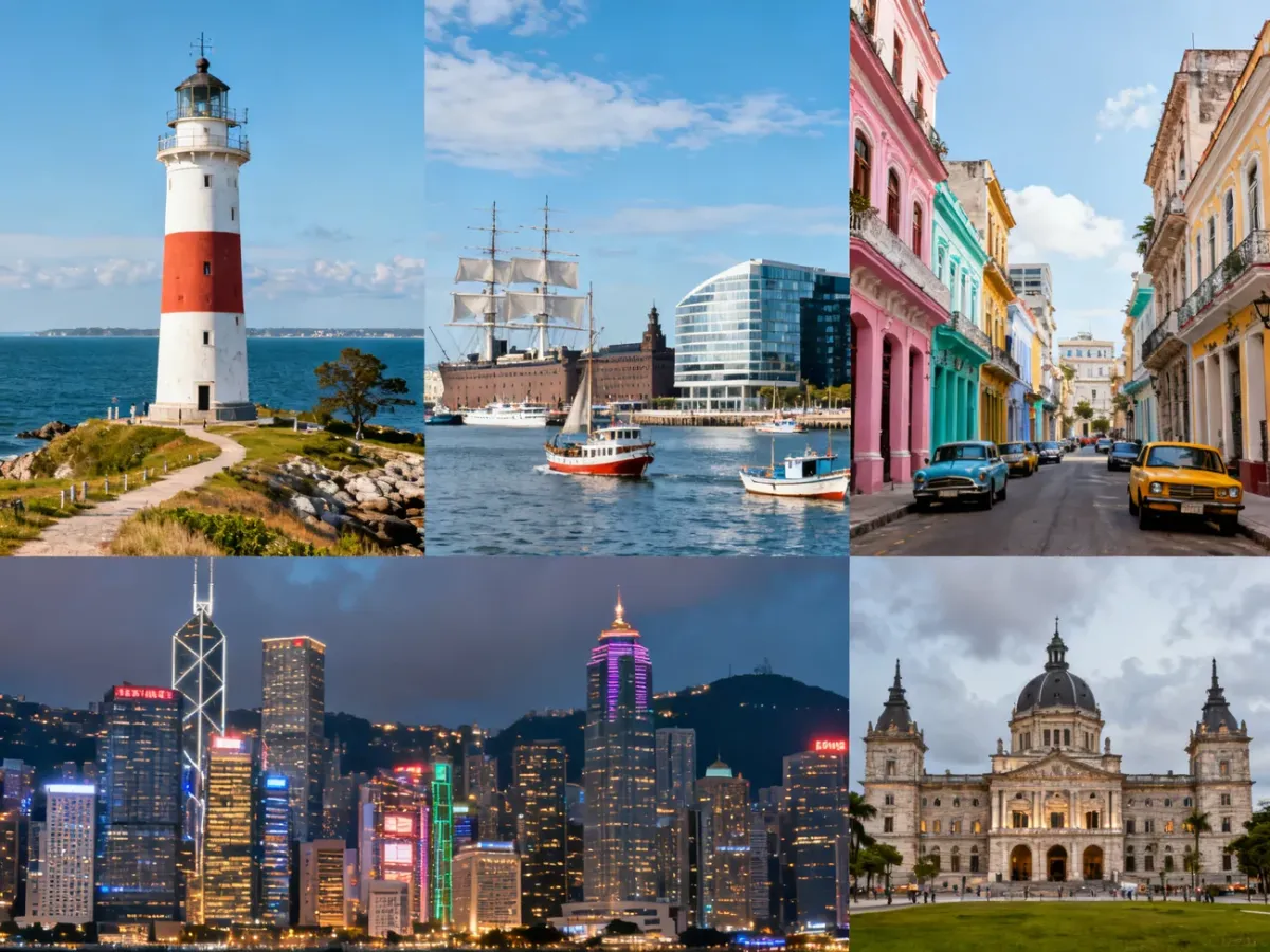 Panoramic collage przedstawiający miasta Hel, Hamburg, Helsinki, Hawanę, Hongkong i Hagę