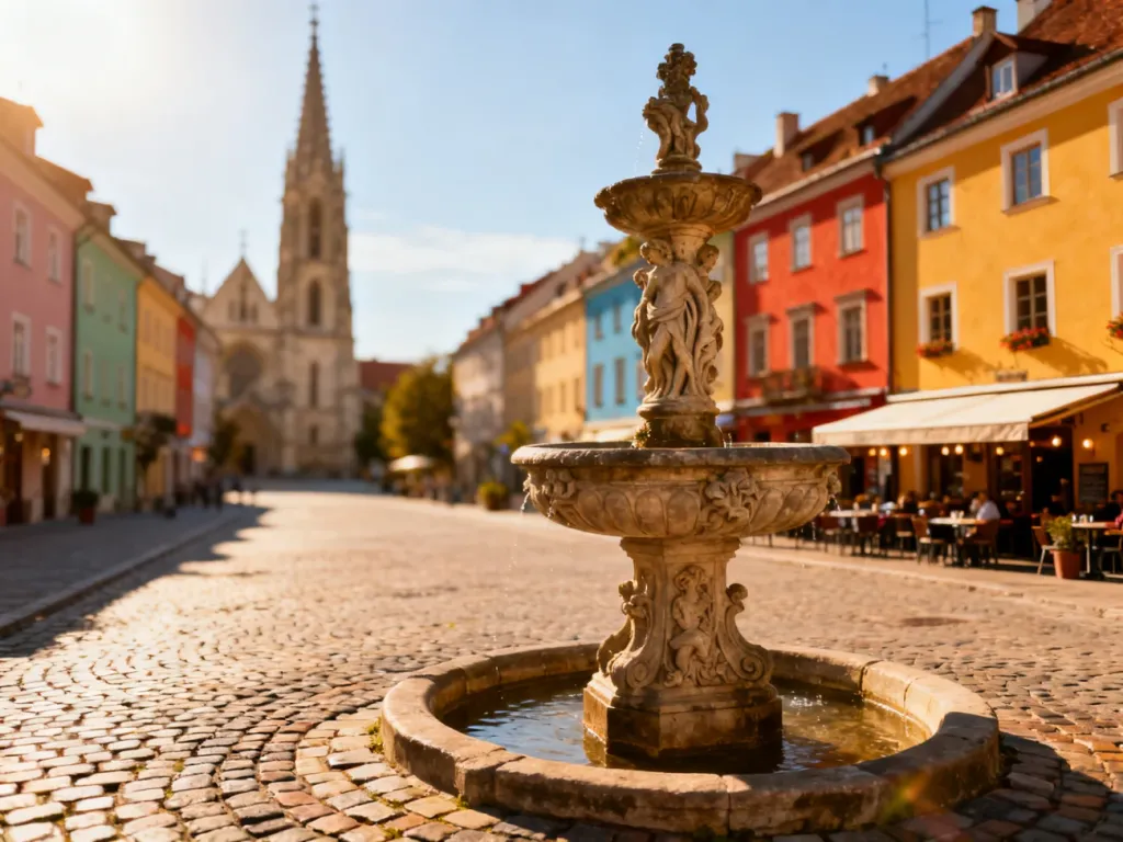 Malowniczy rynek europejskiego miasta z zabytkowymi kamienicami, ozdobną fontanną i wieżą katedry w porannym świetle.