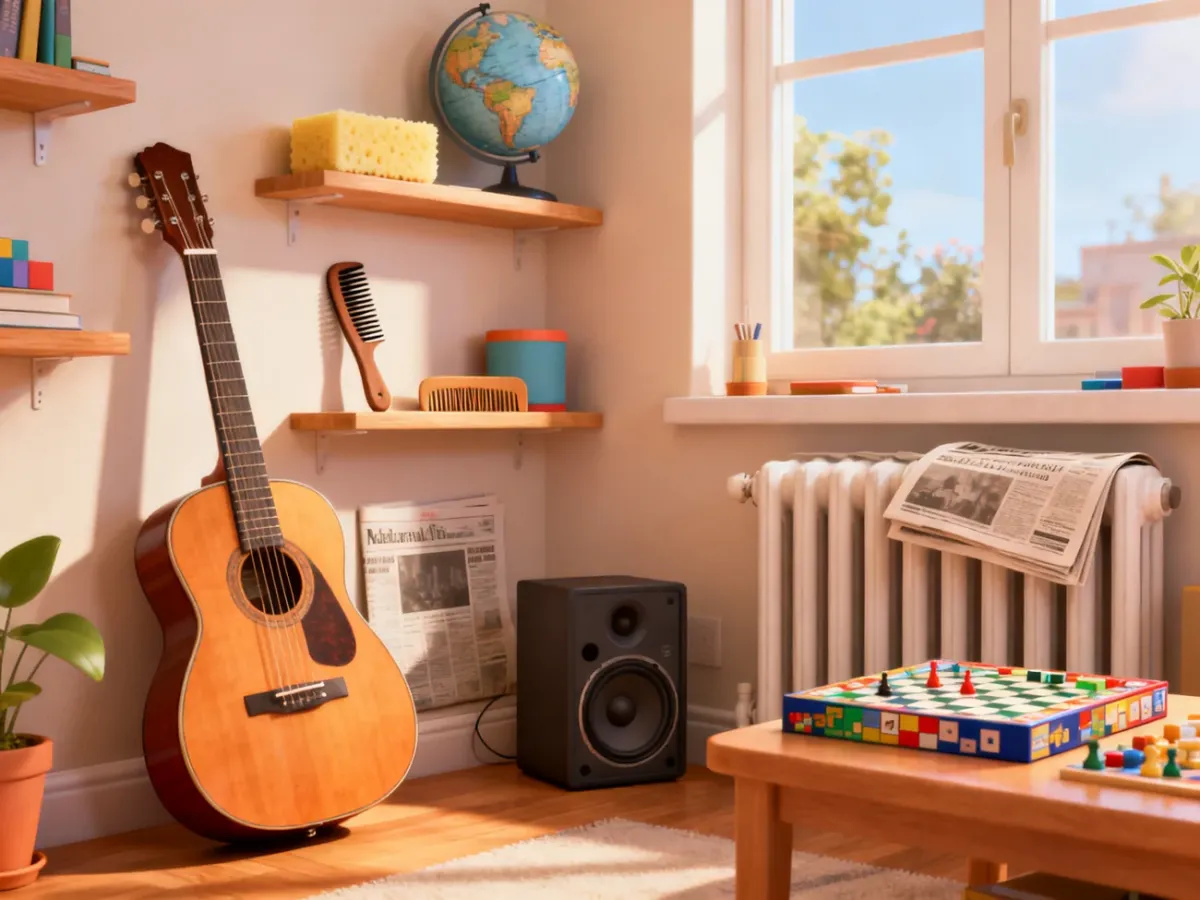 Codzienne przedmioty domowe, między innymi gitara, globus, gąbka i gra planszowa