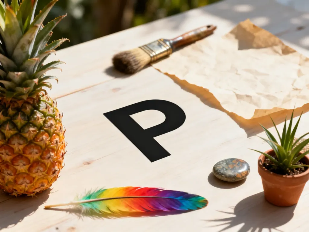 Przedmioty na literę „p”, takie jak ananas, pióro, kamyk i roślina, estetycznie ułożone na drewnianym tle.