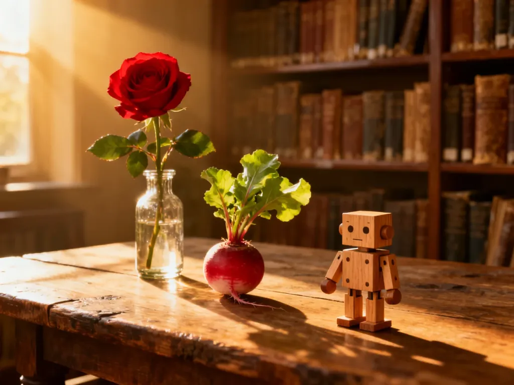 Róża, rzodkiewka i robot na drewnianym stole – przykłady przedmiotów i roślin na literę „r”.