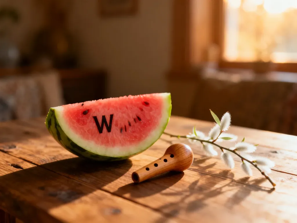 Arbuz, drewniany gwizdek i gałązka wierzby leżące na stole, ilustrujące przedmioty na literę „W”.