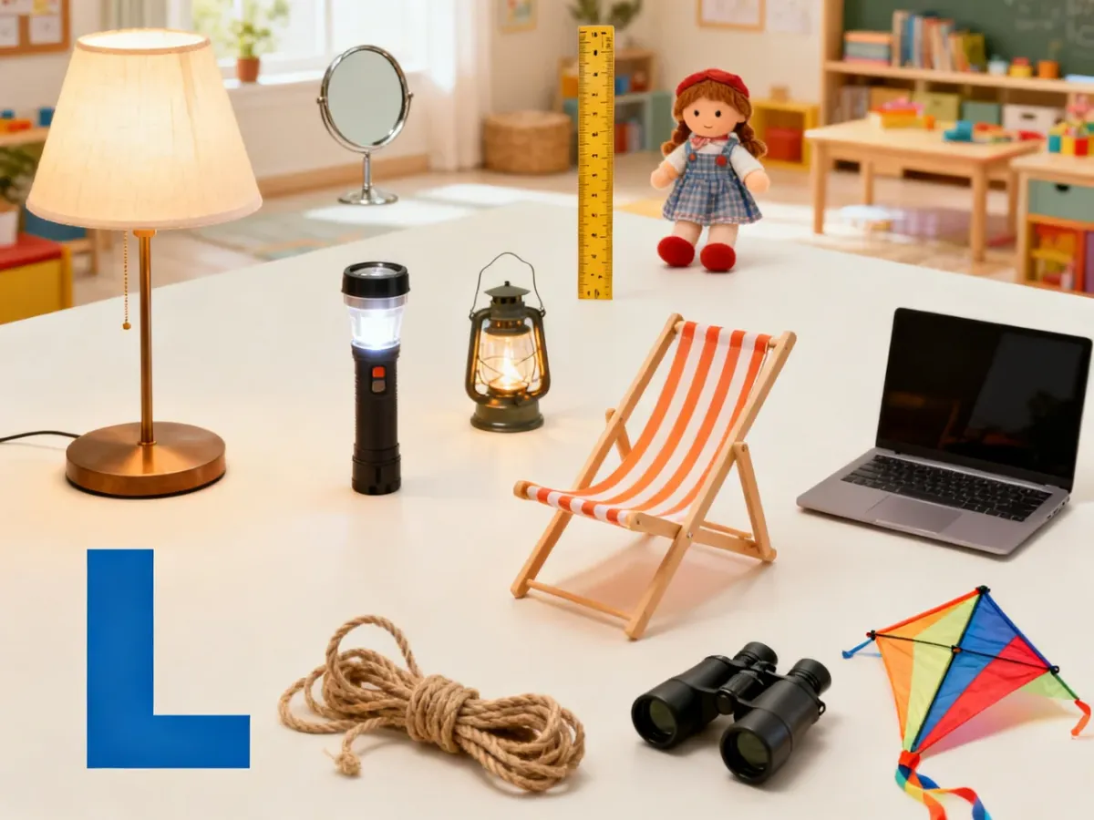 Zestaw codziennych przedmiotów, takich jak lampa, latarka, lustro, lalka, linijka i laptop