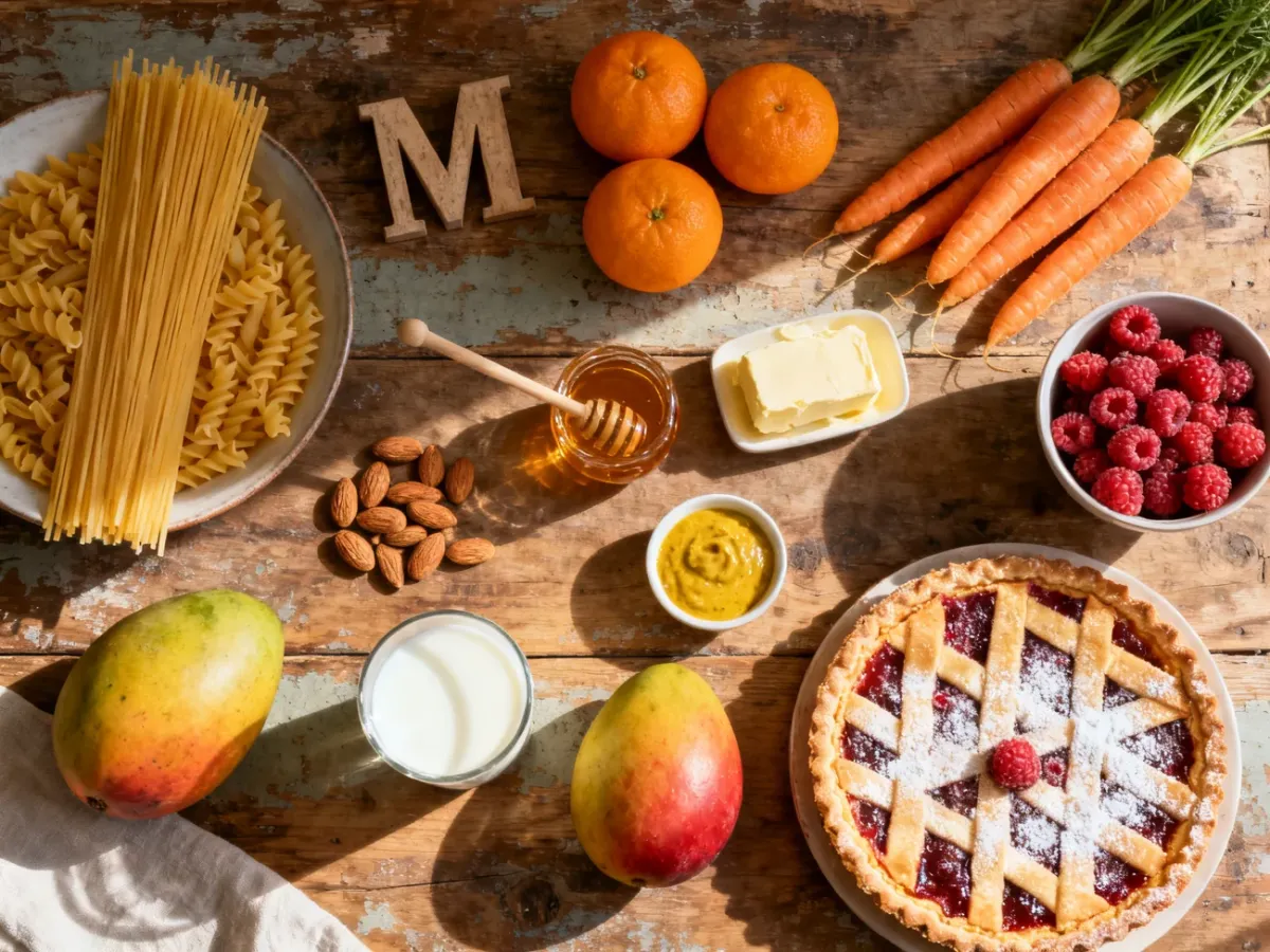 Różnorodne produkty spożywcze, w tym makaron, marchew, mango, miód i mleko