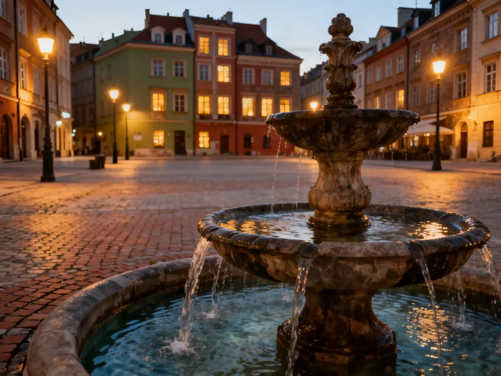 Oświetlony rynek zabytkowego polskiego miasta o zmierzchu z kamienną fontanną i kolorowymi kamienicami w tle.