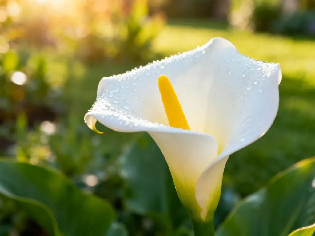 Zantedeschia (kalia) z białym kwiatem i żółtym pręcikiem, pokryta kroplami rosy w słonecznym ogrodzie.