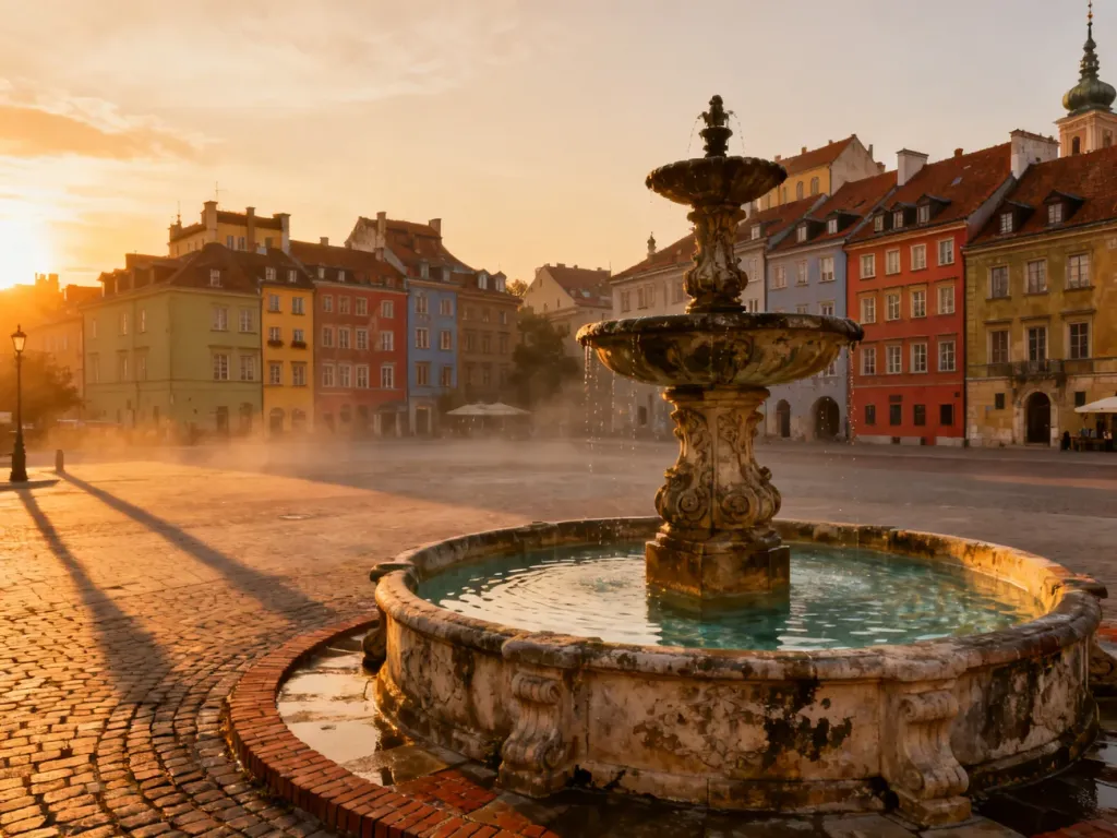 Malowniczy rynek polskiego miasta z zabytkowymi kamienicami i fontanną w świetle zachodzącego słońca.