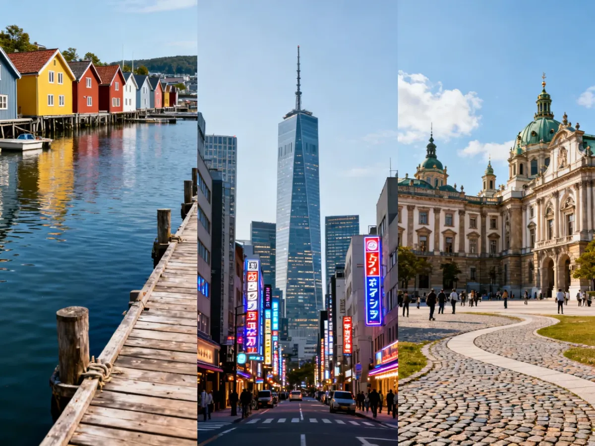Światowa panorama łącząca nowoczesne metropolie, port i europejską starówkę