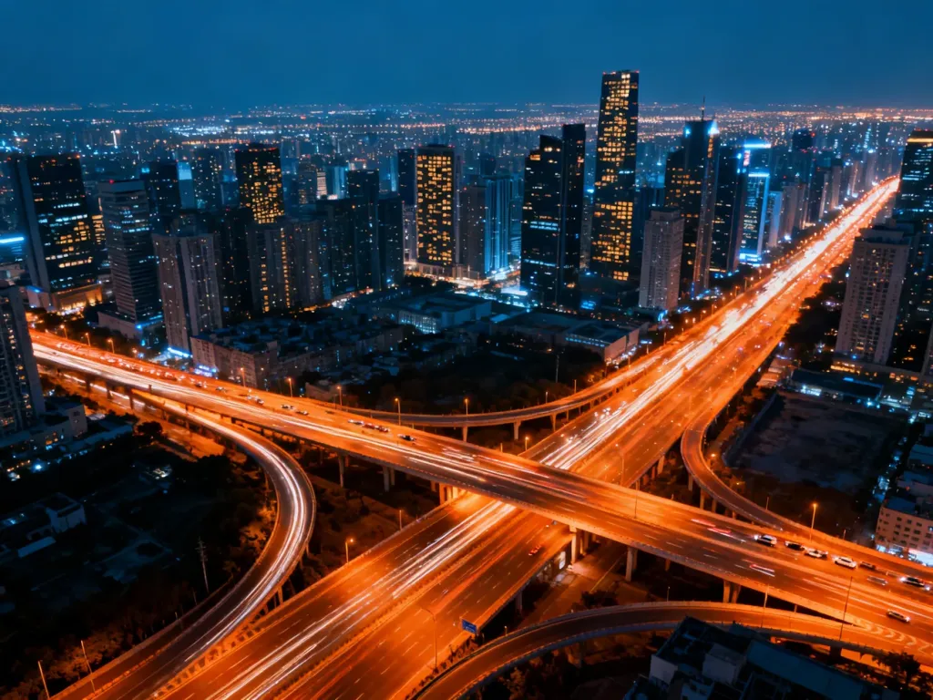 Nocna panorama ogromnej metropolii z gęstą zabudową wieżowców i oświetlonymi autostradami.