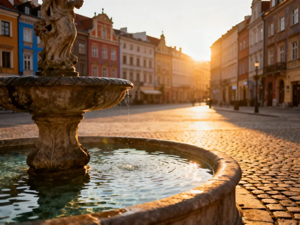 Malowniczy rynek polskiego miasta o wschodzie słońca z zabytkową fontanną i kolorowymi kamienicami w tle.