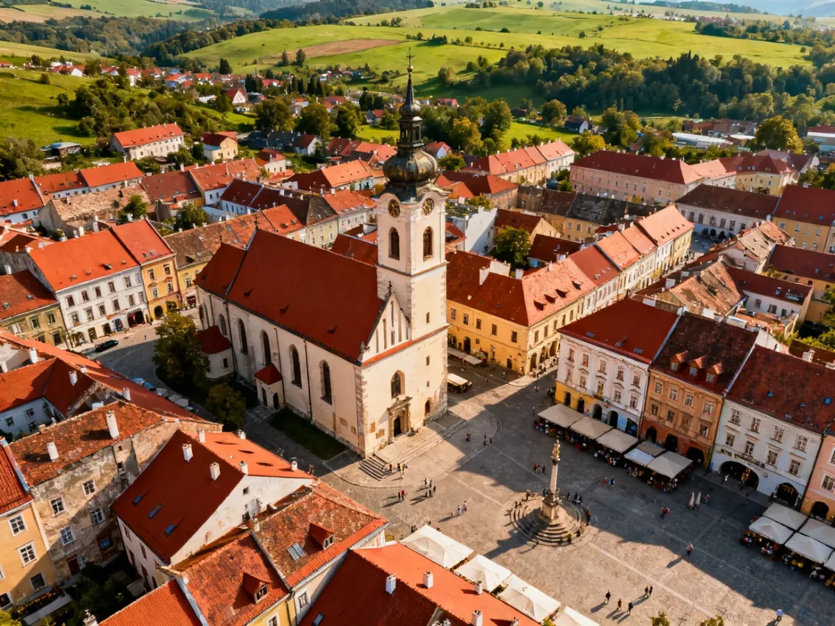 Panoramiczny widok polskiego miasteczka z zabytkową zabudową i zielonym krajobrazem
