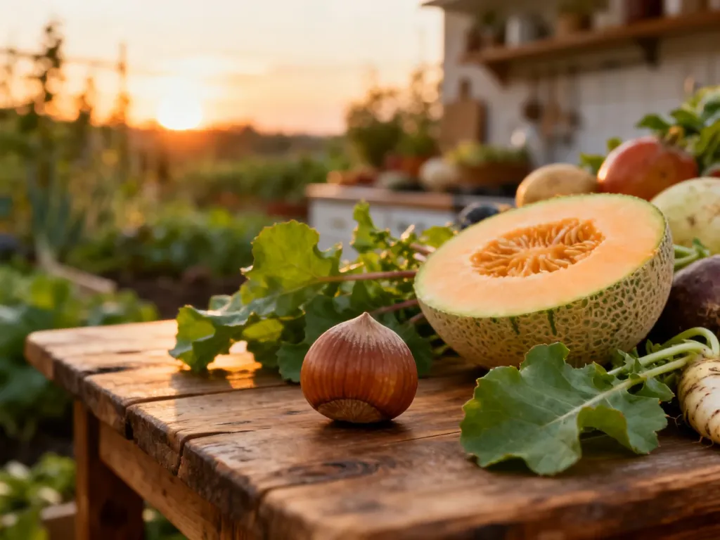 Świeże orzechy laskowe, melon miodowy oraz chrzan na drewnianym stole w ogrodzie w świetle zachodzącego słońca.