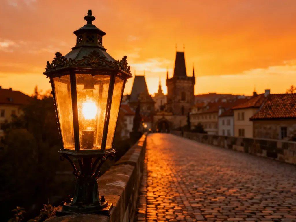 Malownicze europejskie miasto o zachodzie słońca z zabytkową architekturą i brukowaną uliczką.