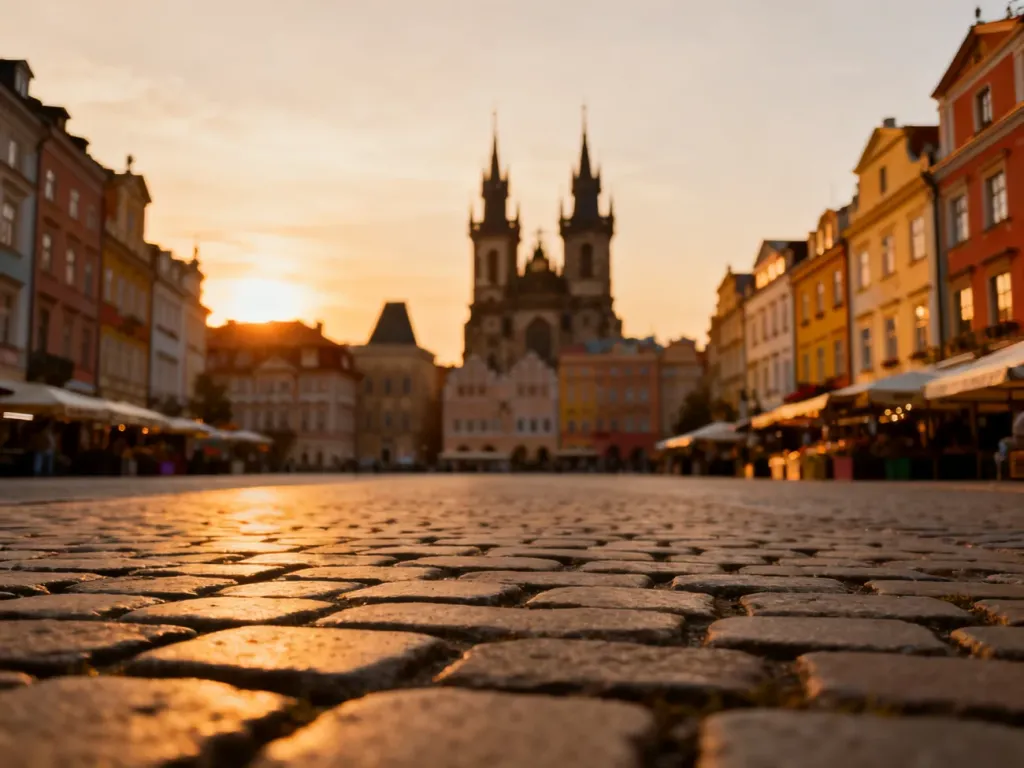 Malowniczy rynek w polskim mieście z kolorowymi kamienicami i wieżą kościoła w świetle zachodzącego słońca.