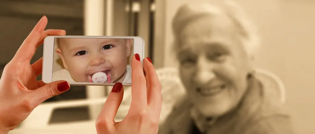 Zestawienie trzech twarzy kobiety w różnym wieku: dziecka, osoby młodej oraz starszej, obrazujące upływ czasu.