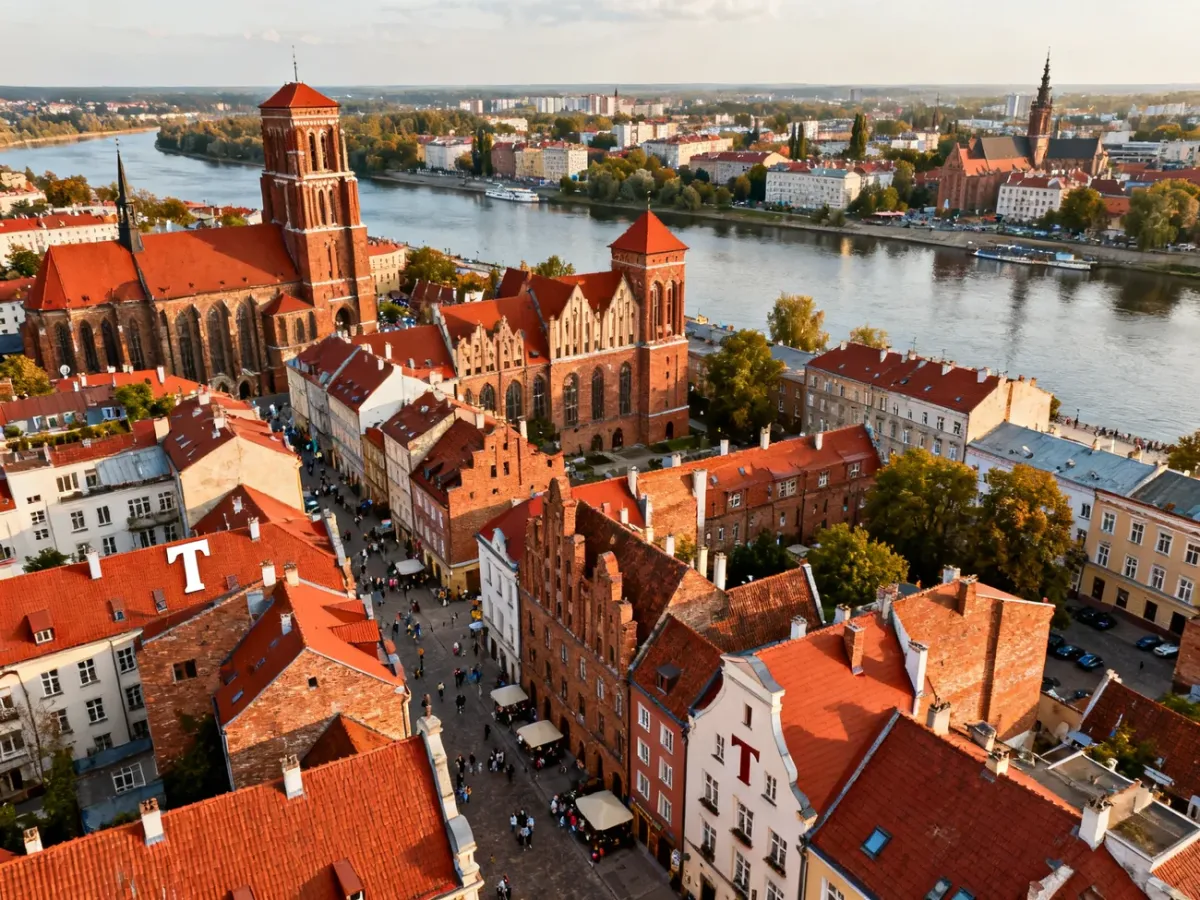 Panorama polskiego miasta z gotycką architekturą Torunia