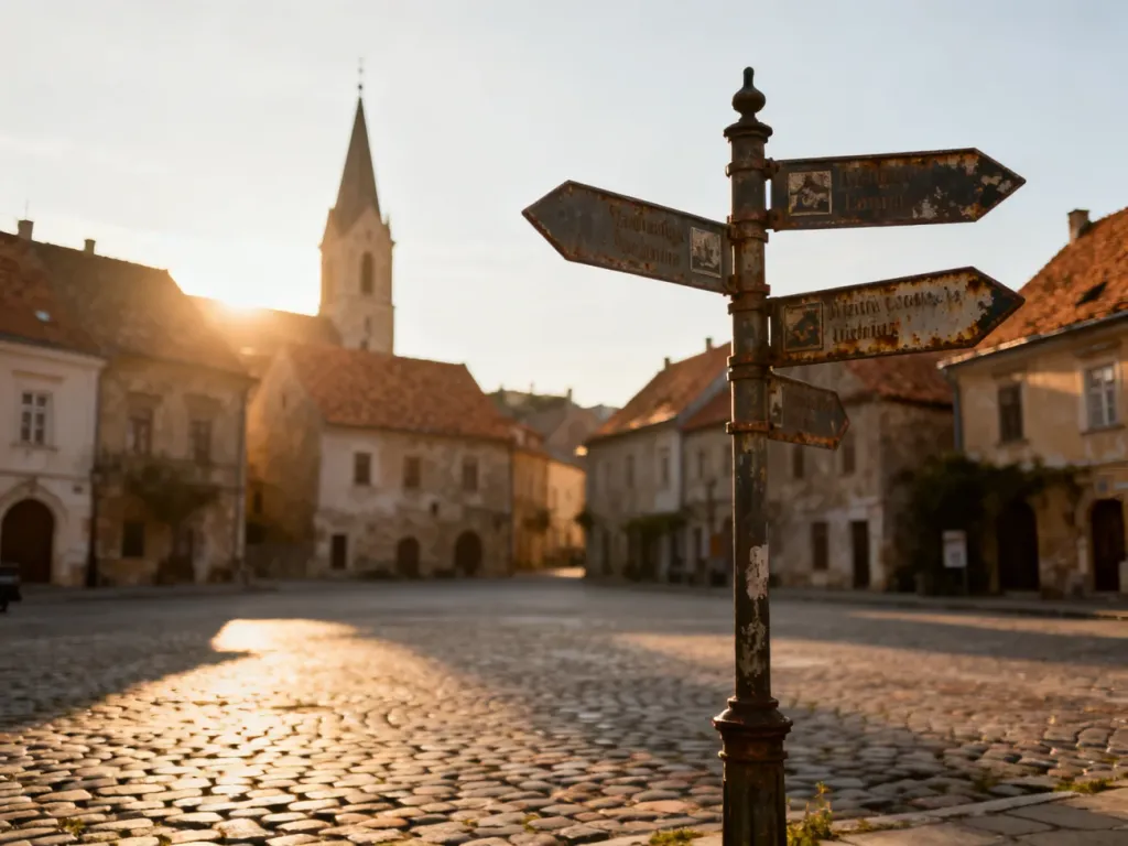 Malowniczy europejski rynek z zabytkową architekturą i drogowskazem, zachęcający do odkrywania miast.