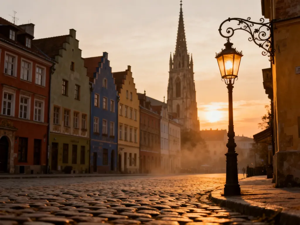 Malowniczy rynek w historycznym polskim mieście o zachodzie słońca, z kolorowymi kamienicami i wieżą gotyckiego kościoła.